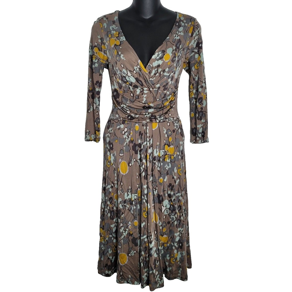 Boden Limited Edition Dress 4 Taupe Abstract Floral V-Neck Wrap Silk Blend